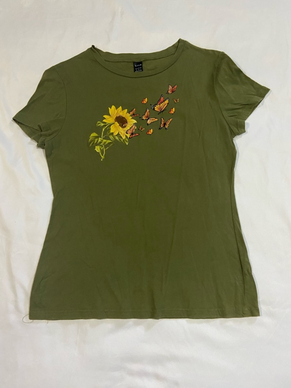 SHEIN Olive Green Tee with Sunflower & Orange Butterflies